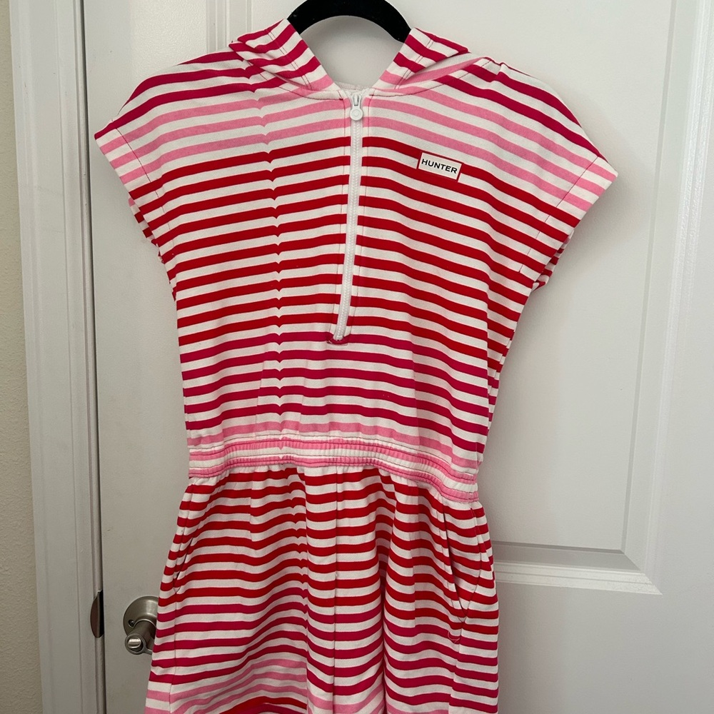 Hunter Pink & Red Striped Hooded Short-Sleeve Romper